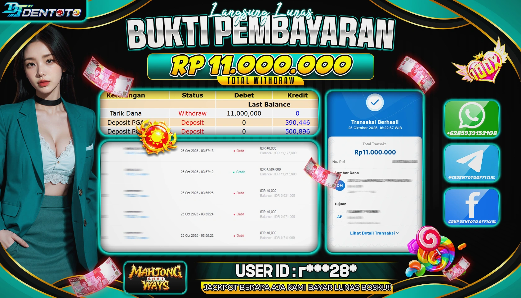 DENTOTO - PG SOFT  - MAHJONG WAYS   - RP 11.000.000 - LUNAS