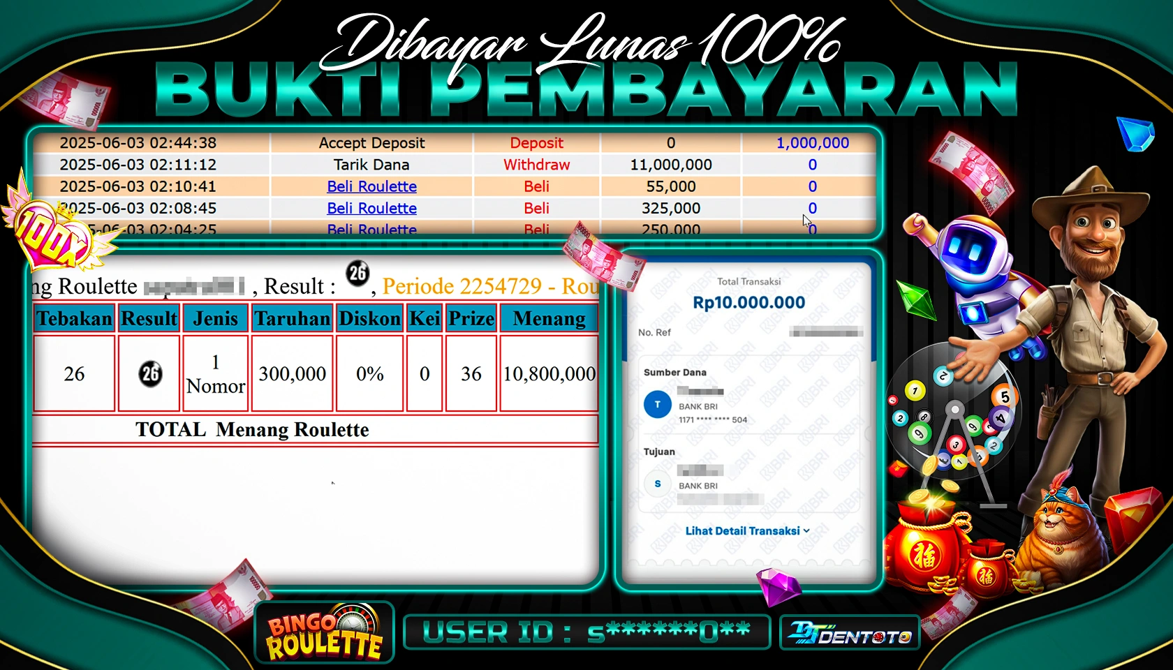 DENTOTO - LIVEGAMES - BINGO ROULETTE - RP 10.000.000 - LUNAS