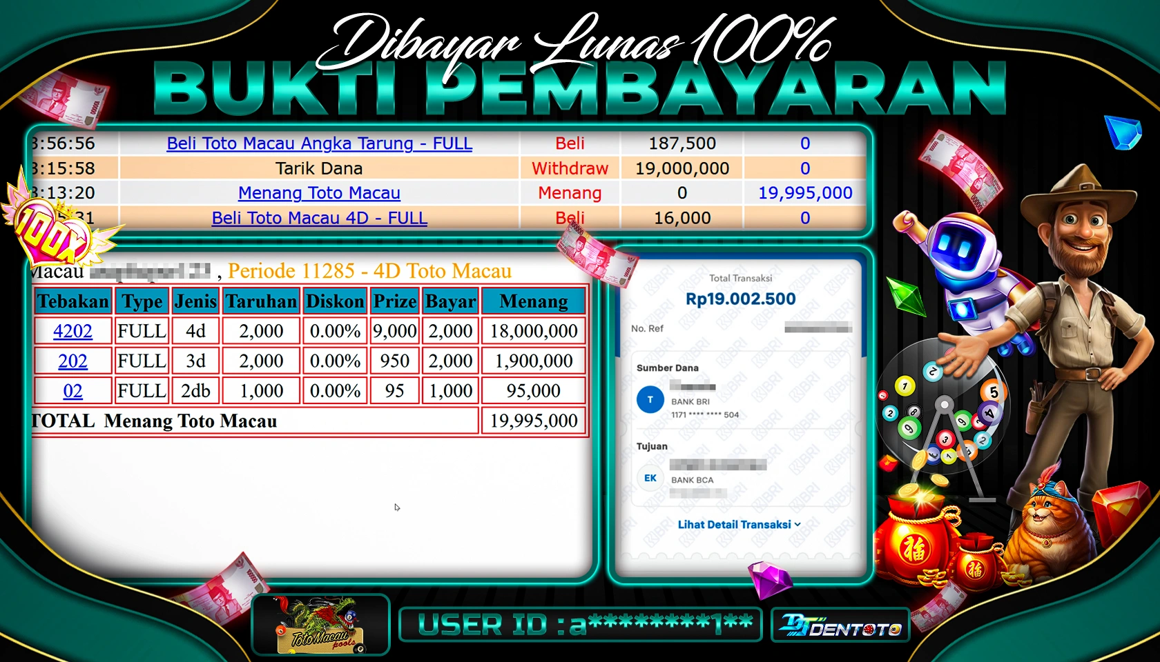 DENTOTO - LIVE GAMES - TOTOMACAU- RP 19.995.000 - LUNAS