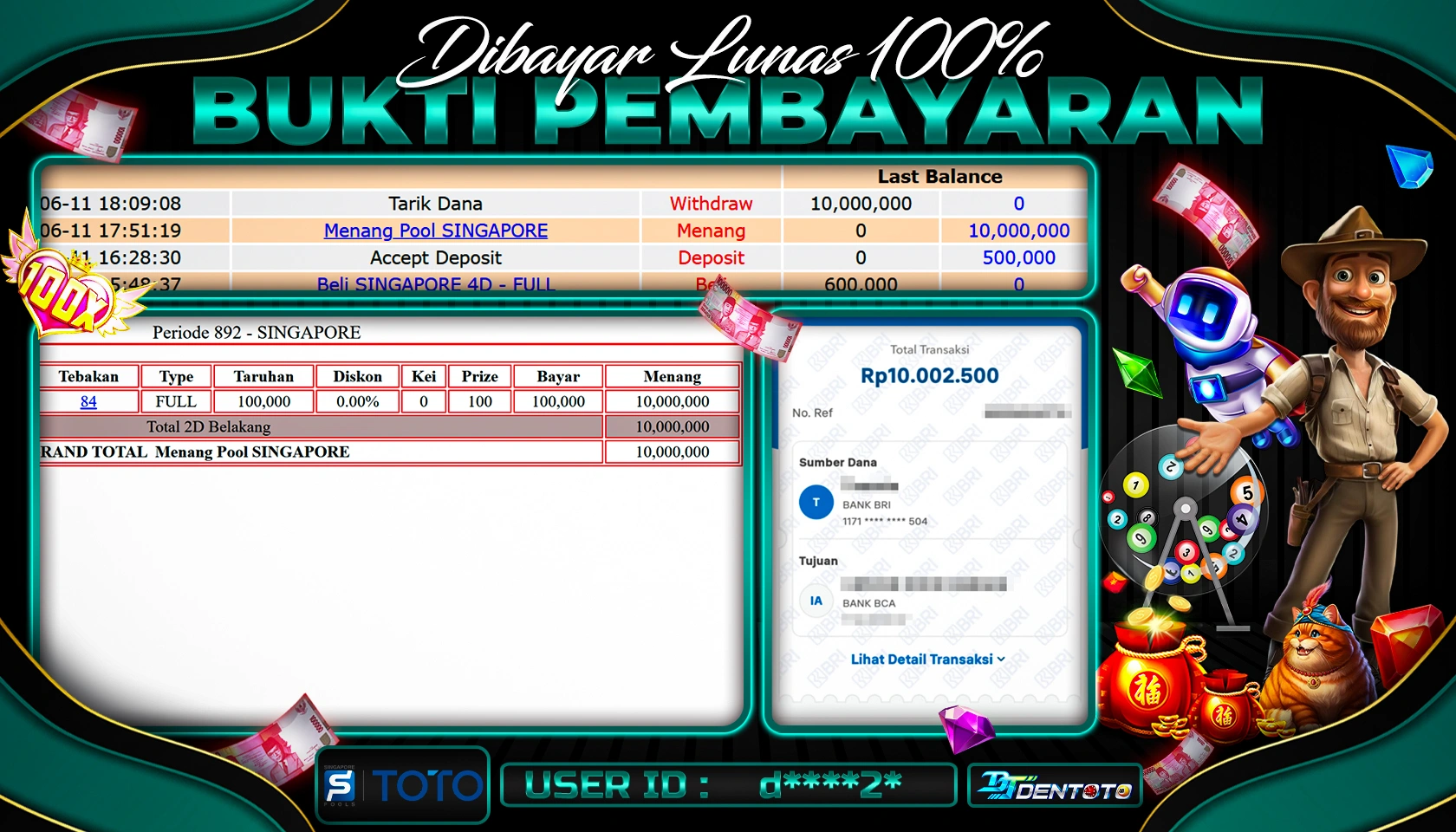 DENTOTO - TOGEL POOLS - SINGAPORE POOLS - RP 10.000.000 - LUNAS