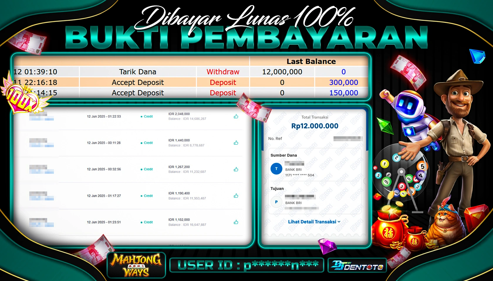 DENTOTO - PG SOFT - MAHJONG WAYS - RP 12.000.000 - LUNAS