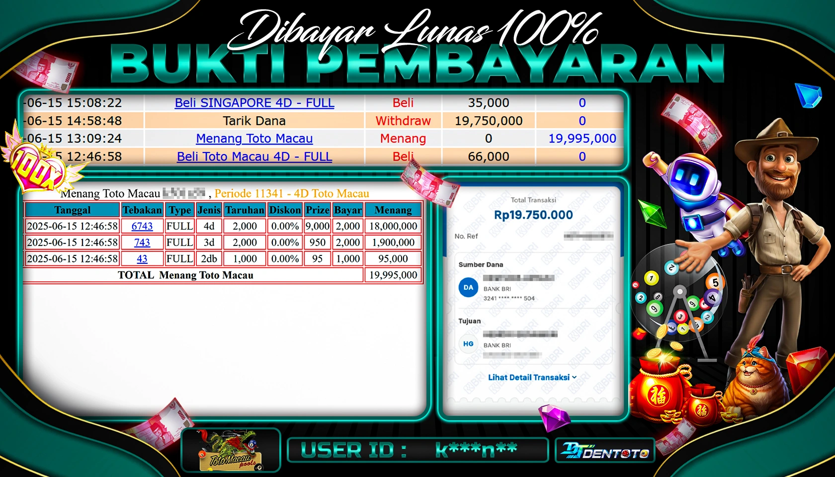 DENTOTO - LIVEGAMES - TOTOMACAU POOLS - RP 19.750.000 - LUNAS
