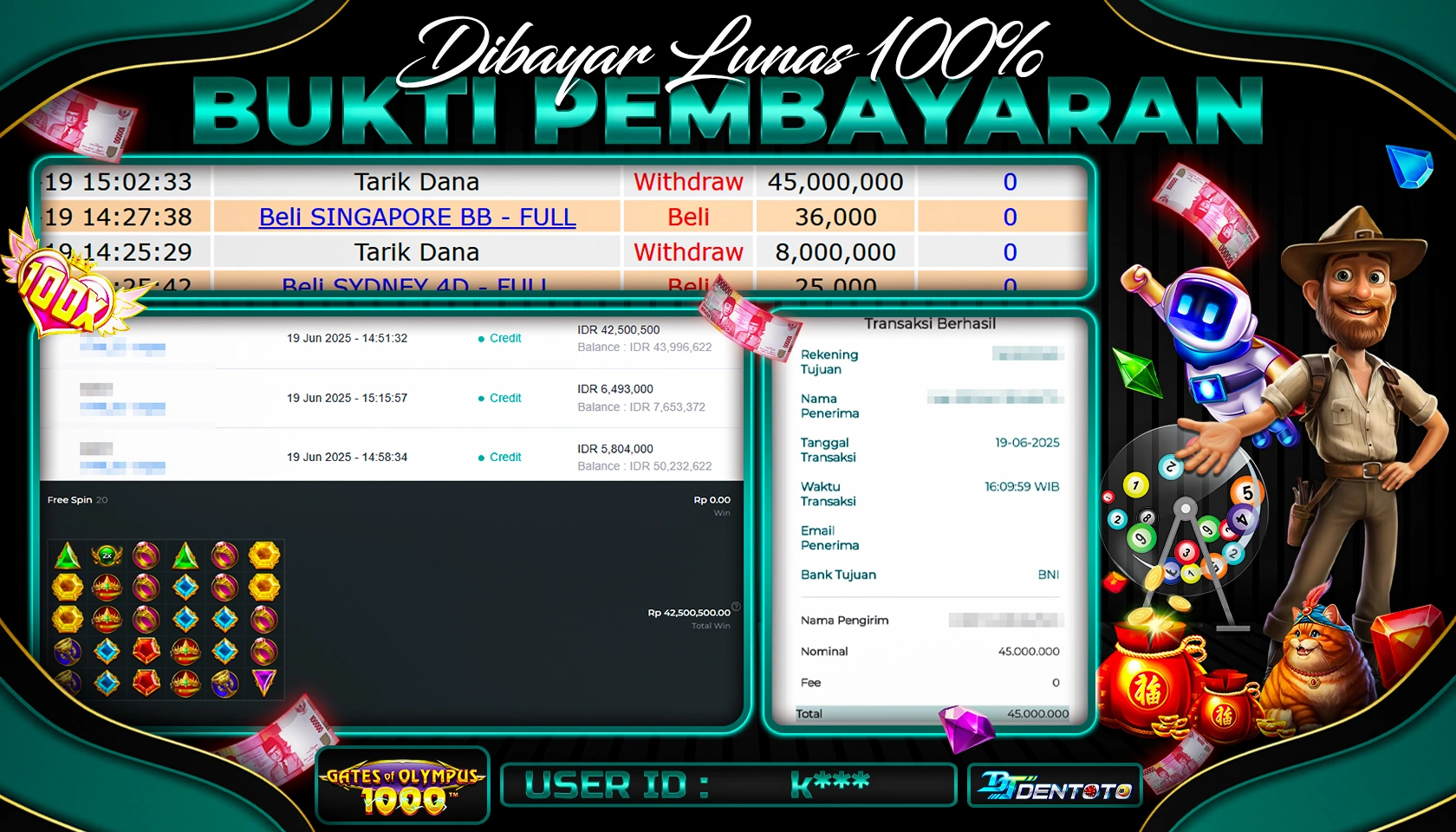 DENTOTO - PRAGMATIC PLAY - GATES OF OLYMPUS 1000 - RP 45.000.000 - LUNAS