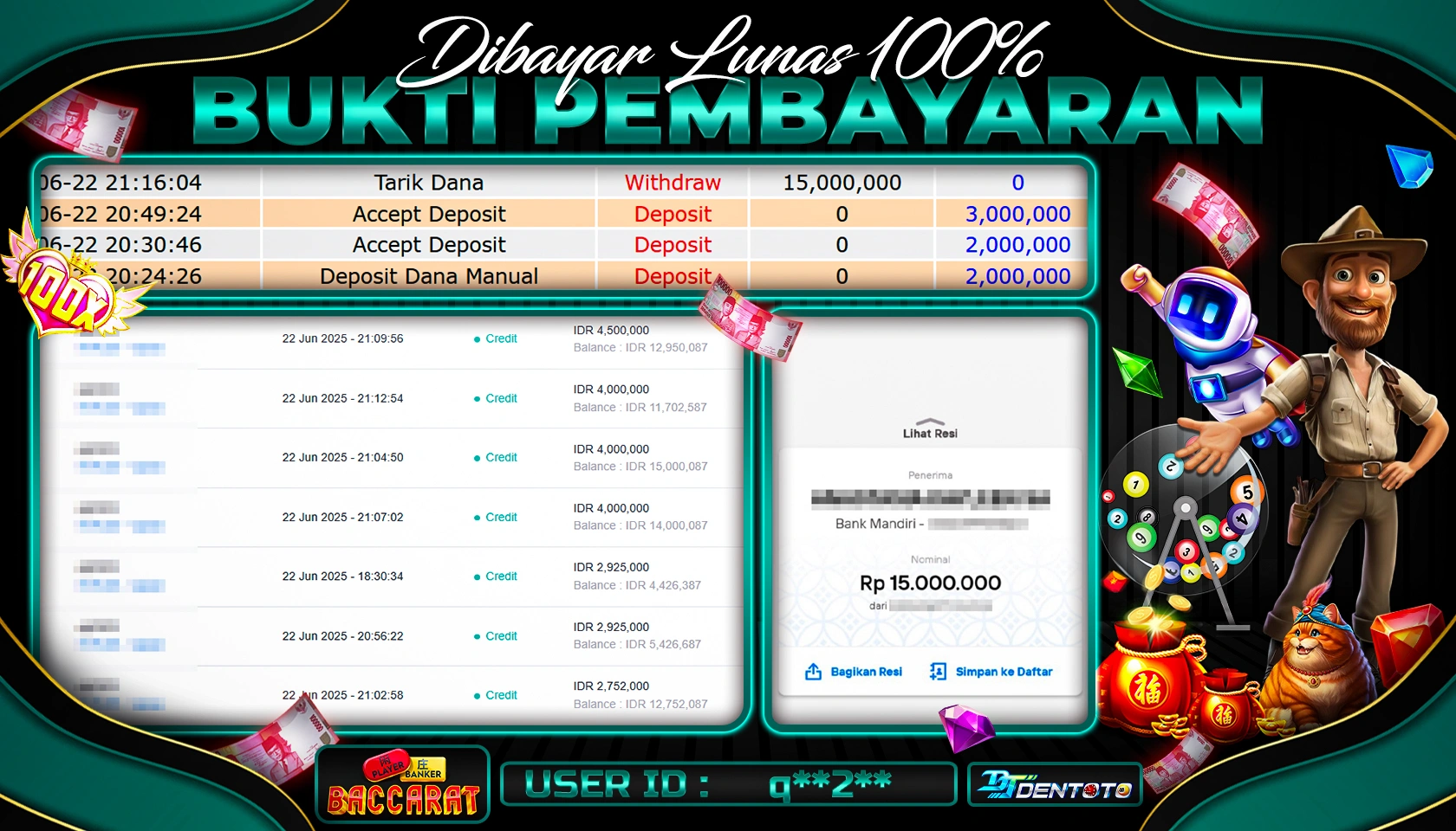 DENTOTO - PRAGMATIC PLAY LIVE DEALER - BACARAT  - RP 15.000.000 - LUNAS