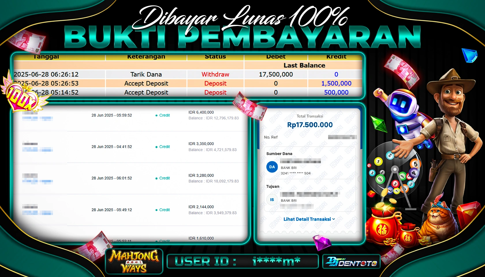 DENTOTO - PG SOFT - MAHJONG WAYS- RP 17.500.000 - LUNAS