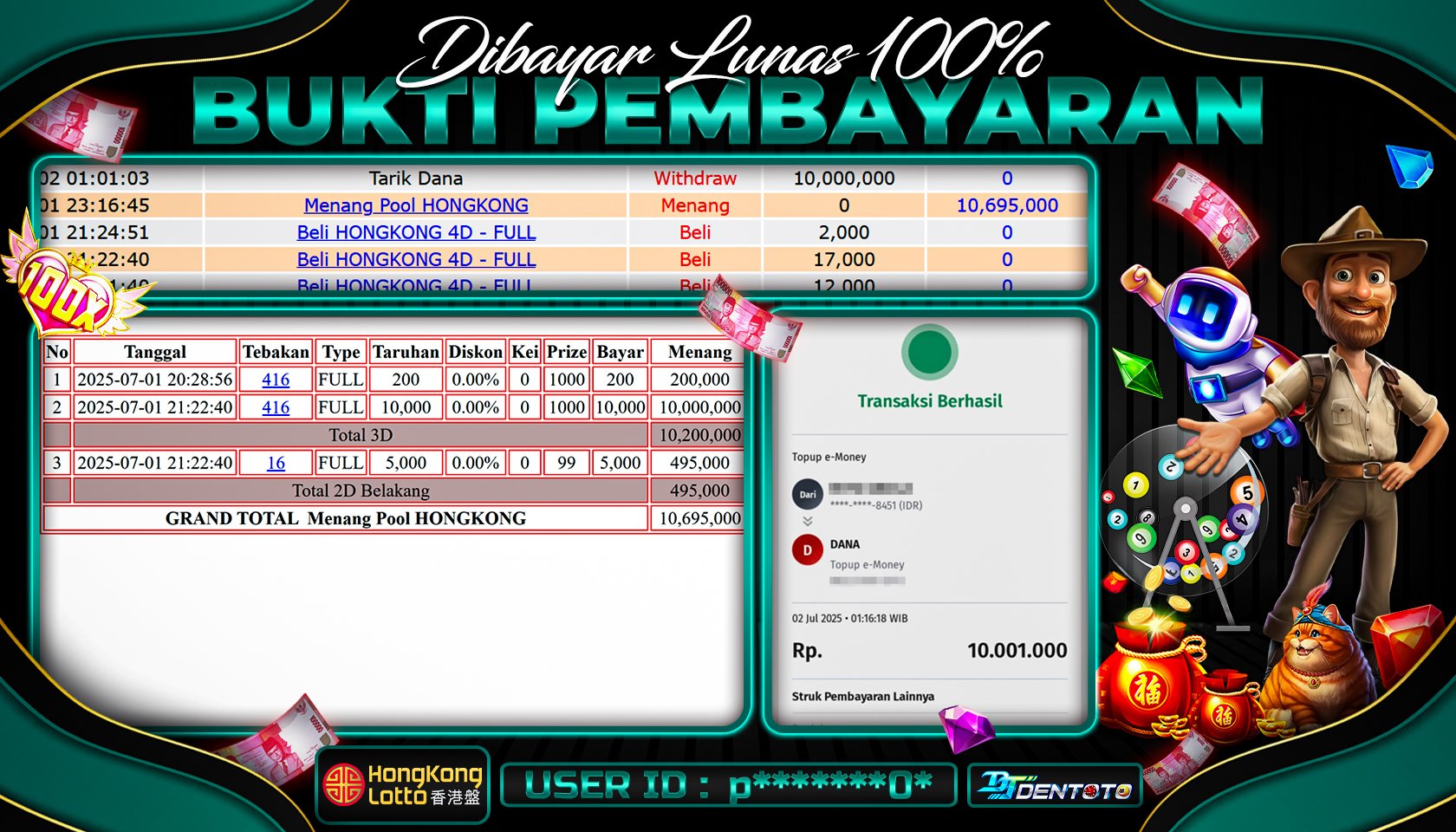 DENTOTO - TOGEL POOLS - HONGKONG LOTTO - RP 10.000.000 - LUNAS