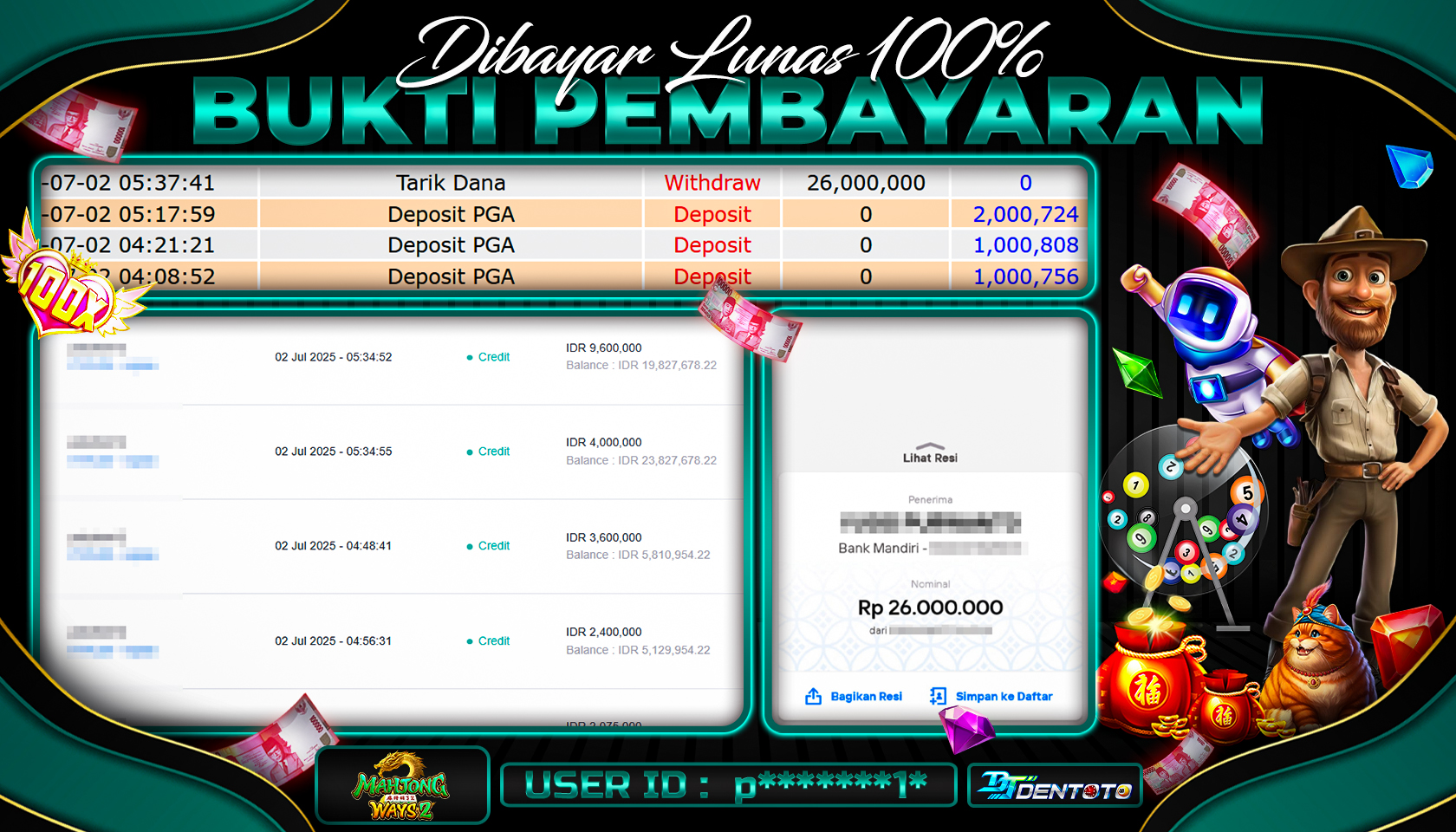 DENTOTO - PG SOFT - MAHJONG WAYS 2 - RP 26.000.000 - LUNAS