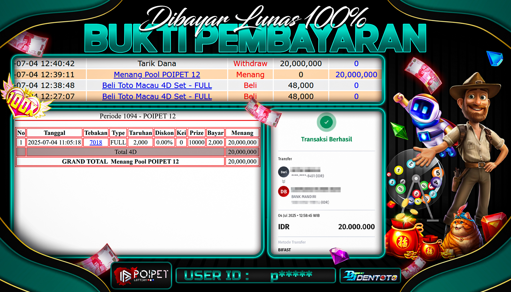 DENTOTO - TOGEL POOLS - POIPET LOTERY - RP 20.000.000 - LUNAS