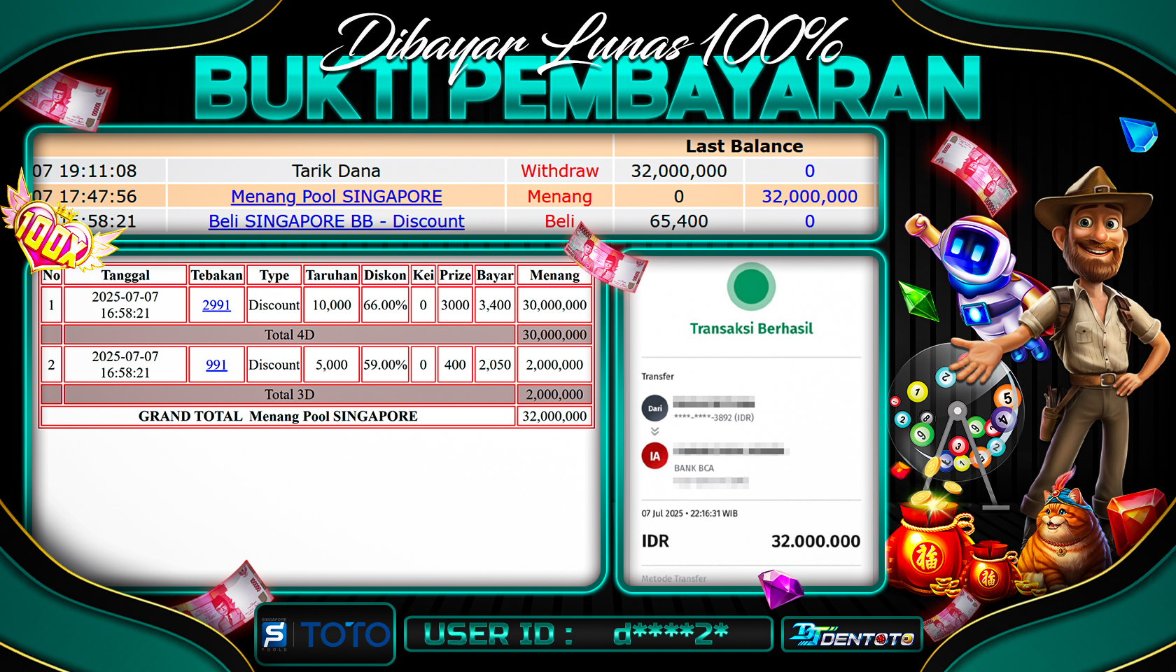 DENTOTO - TOGEL POOLS - SINGAPORE POOLS  - RP 32.000.000 - LUNAS