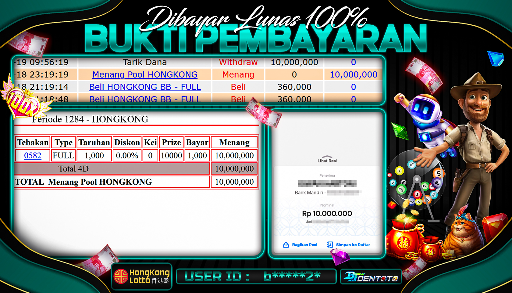 DENTOTO - TOGEL POOLS - HONGKONG LOTTO - RP 10.000.000 - LUNAS