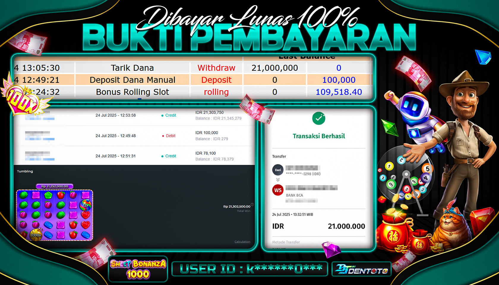 DENTOTO - PRAGMATIC PLAY - SWEET BONANZA 1000 - RP 21.000.000 - LUNAS