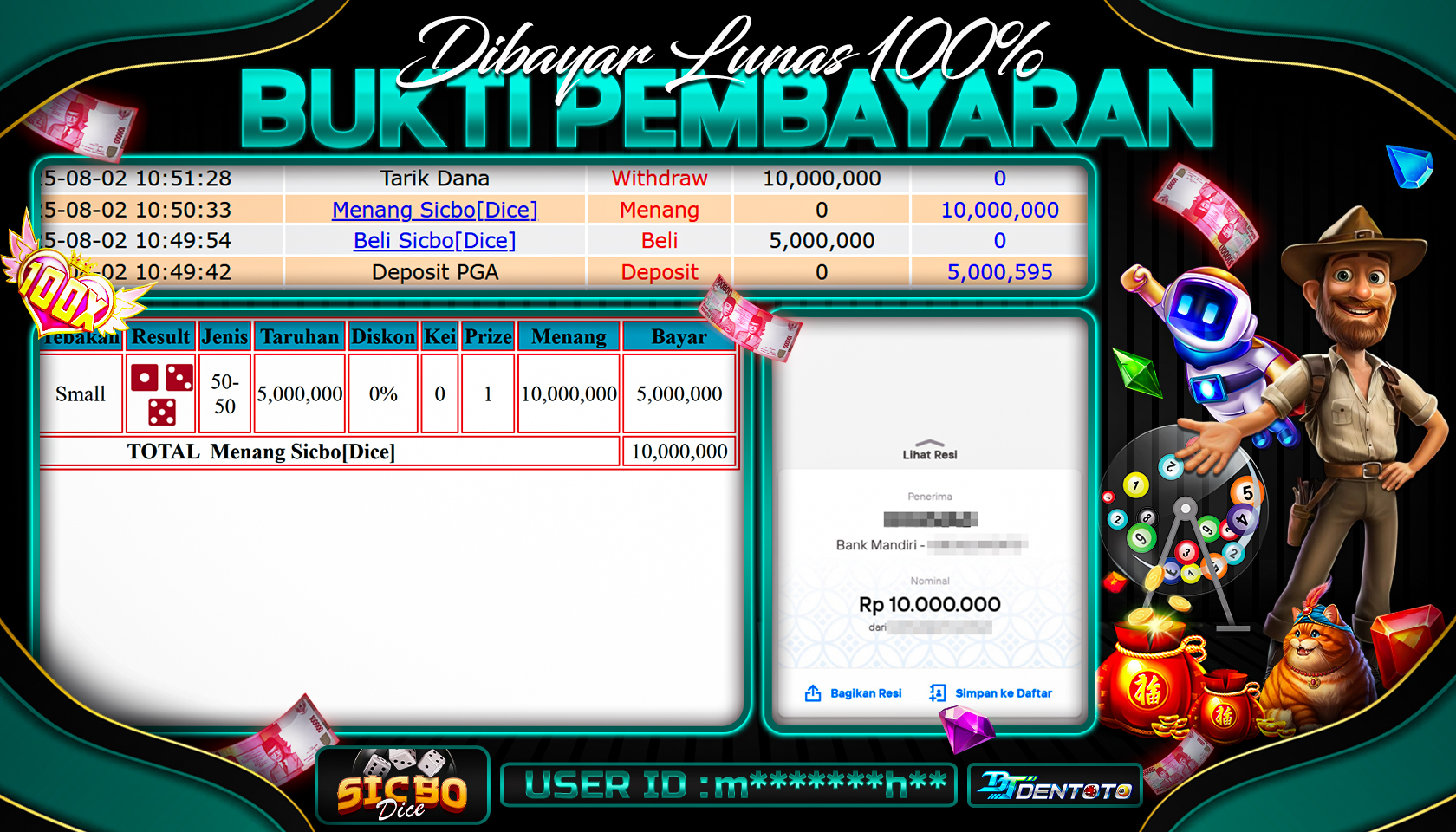 DENTOTO - LIVE GAMES - SICBO DICE - RP 10.000.000 - LUNAS