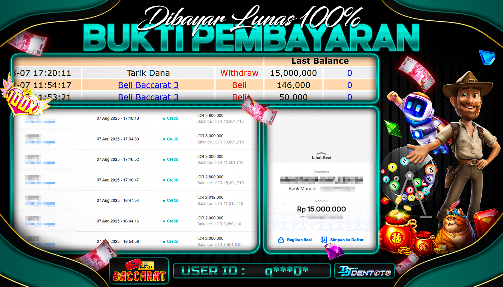 DENTOTO - PRAGMATIC LIVE DEALER - BACARAT - RP 15.000.000 - LUNAS