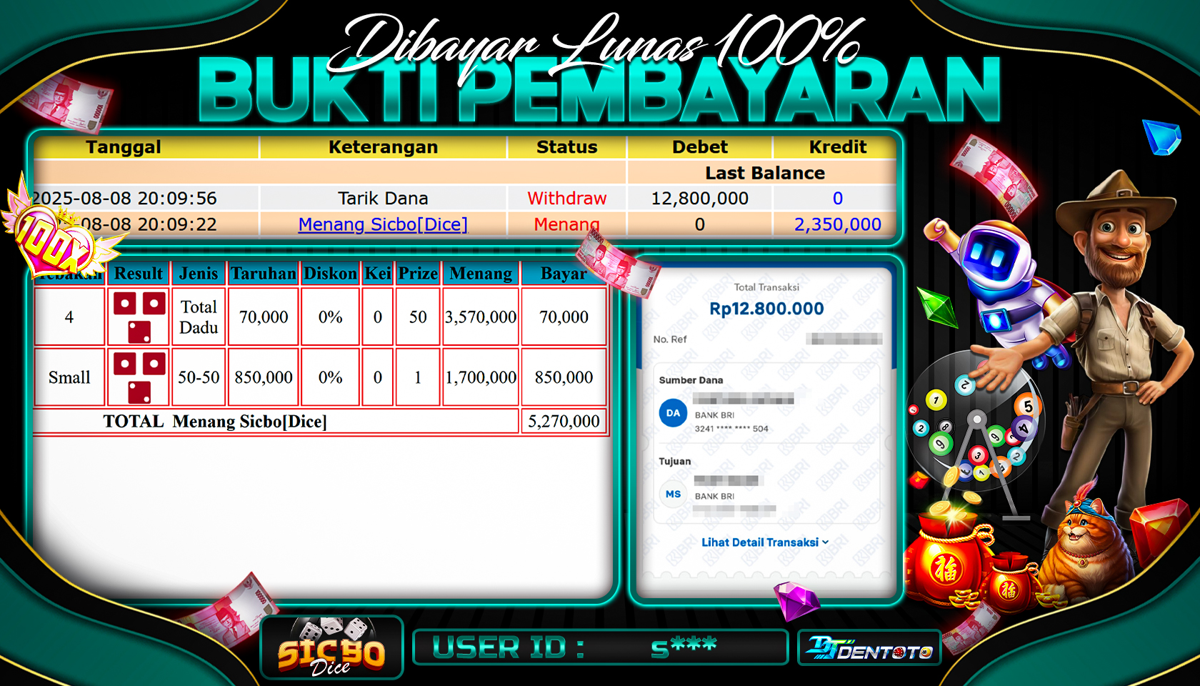 DENTOTO - LIVE GAMES  - SICBO DICE - RP 12.800.000 - LUNAS