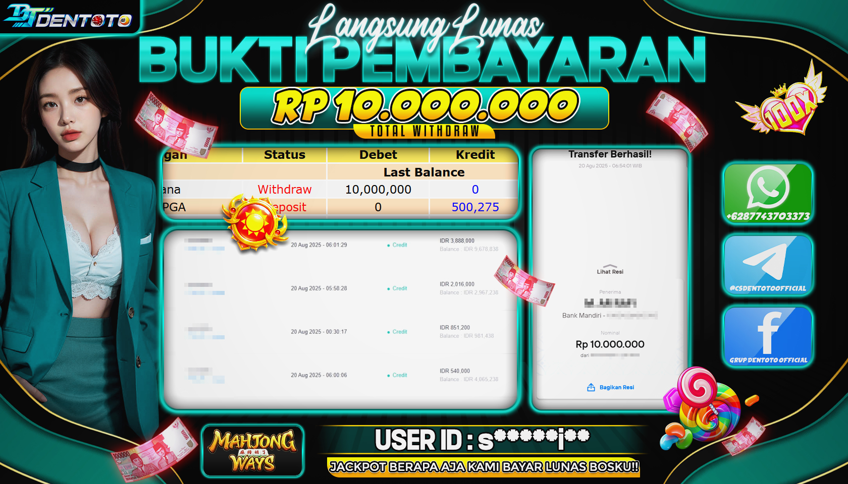 DENTOTO - PG SOFT - MAHJONG WAYS - RP 10.000.000 - LUNAS