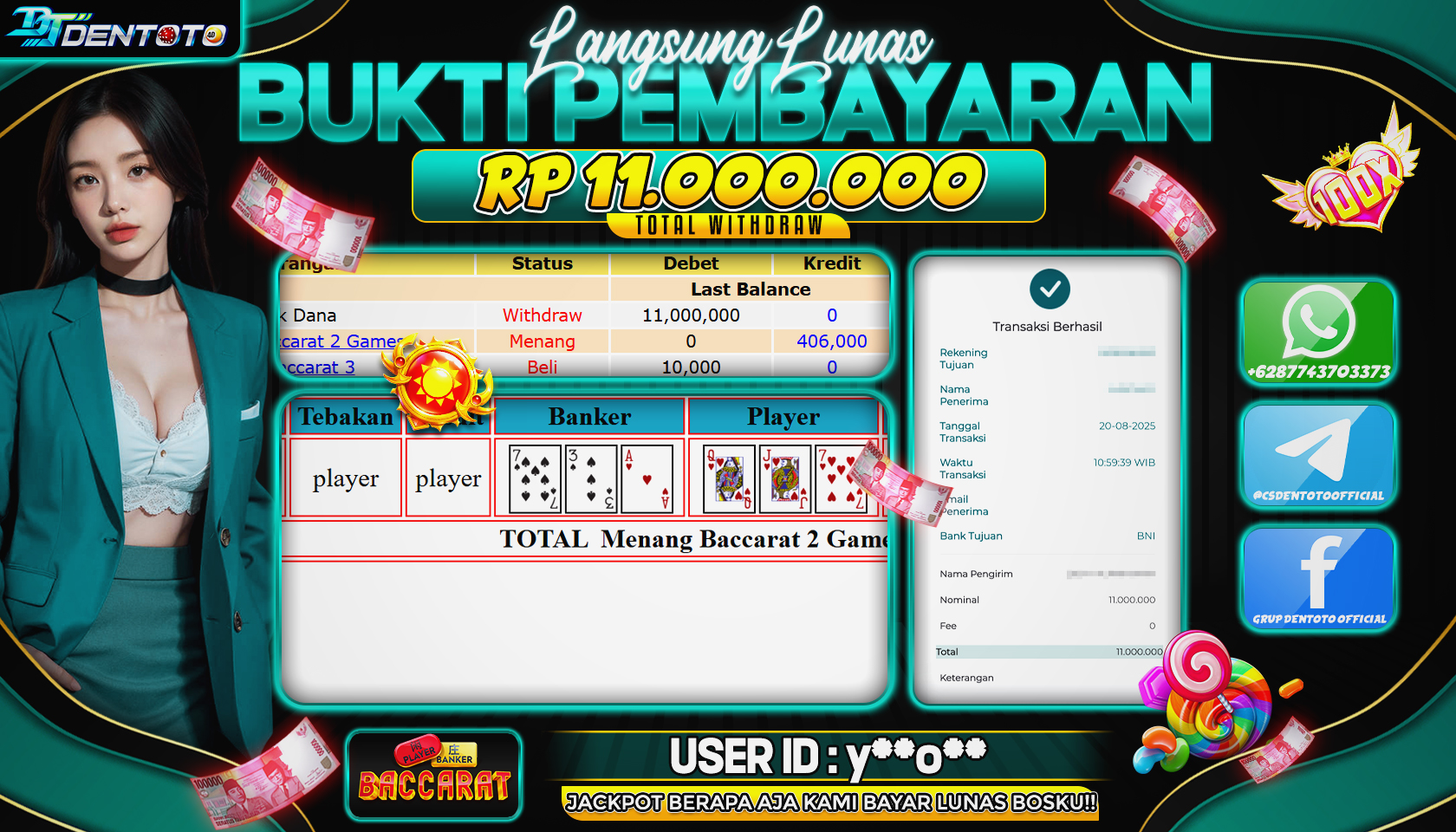 DENTOTO -  LIVE GAMES - BACARAT - RP 11.000.000 - LUNAS
