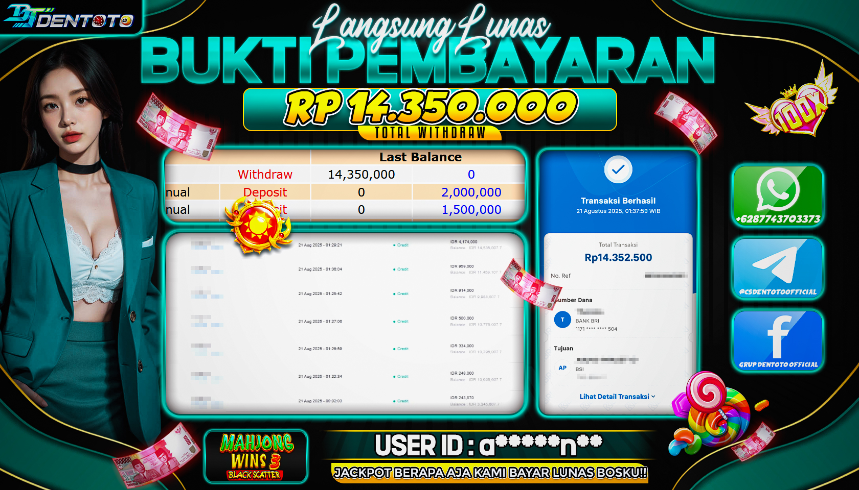 DENTOTO - PRAGMATIC PLAY - MAHJONG WINS 3 BLACK SCATTER - RP 14.350.000 - LUNAS