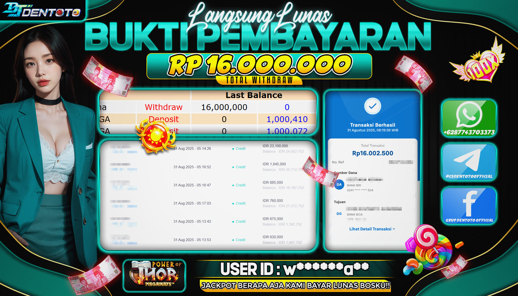 DENTOTO - PG SOFT - POWER OF THOR MEGAWAYS - RP 16.000.000 - LUNAS