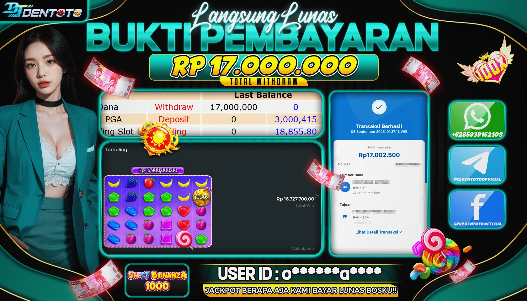 DENTOTO - PRAGMATIC PLAY - SWEET BONANZA 1000- RP 17.000.000 - LUNAS