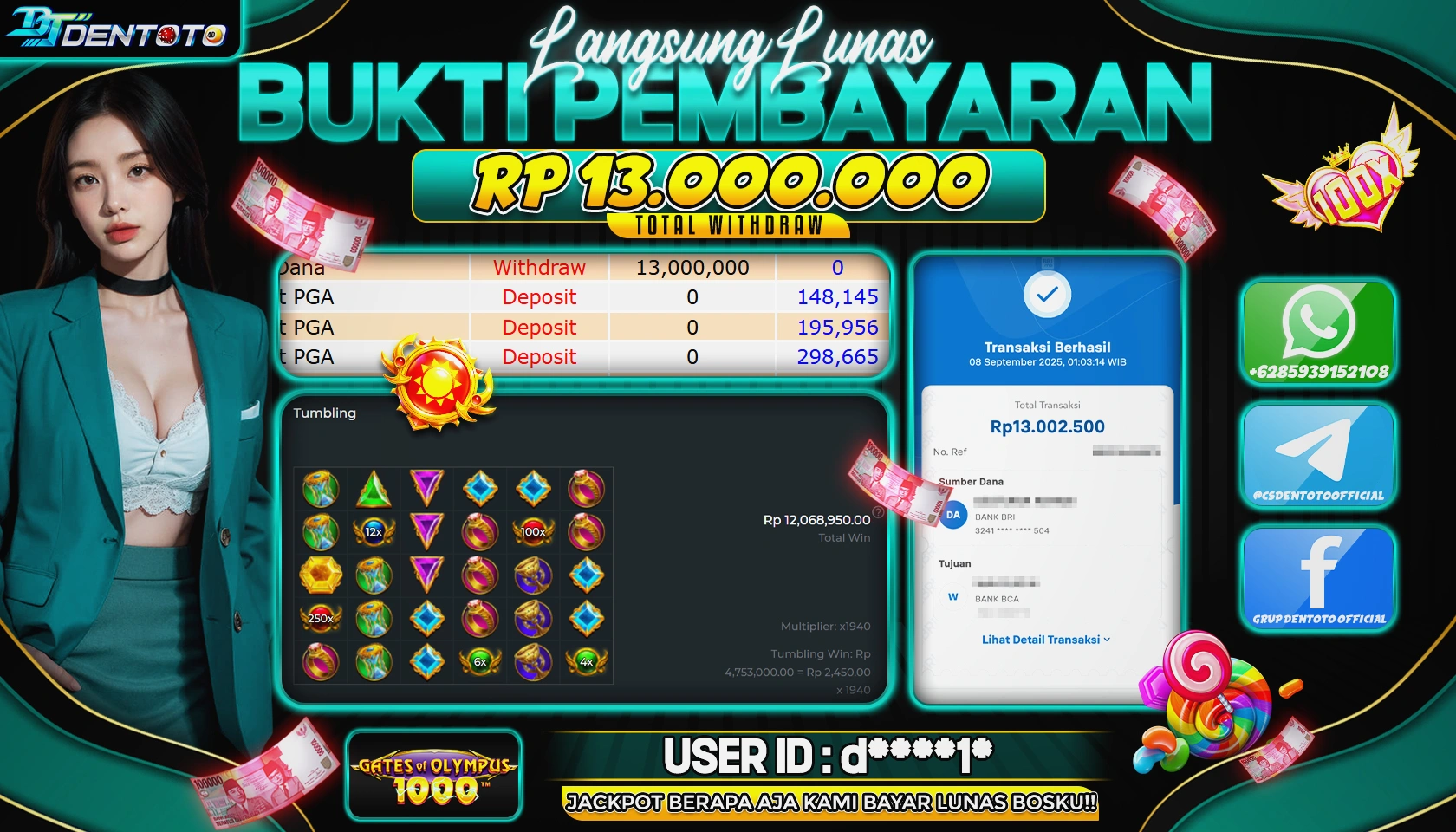 DENTOTO - PRAGMATIC PLAY - GATES OF OLYMPUS 1000- RP 13.000.000 - LUNAS