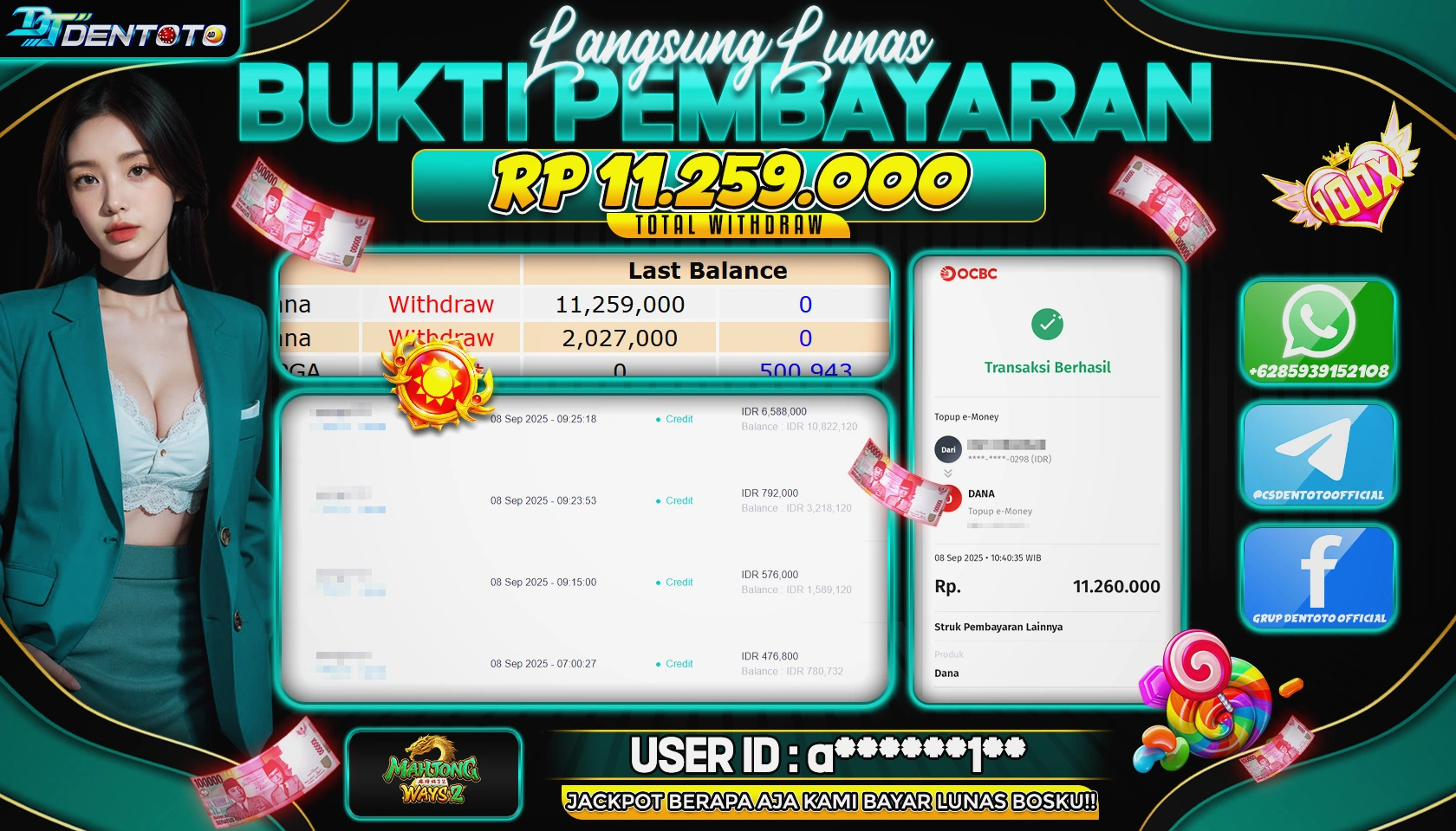 DENTOTO - PG SOFT - MAHJONG WAYS 2 - RP 11.259.000 - LUNAS