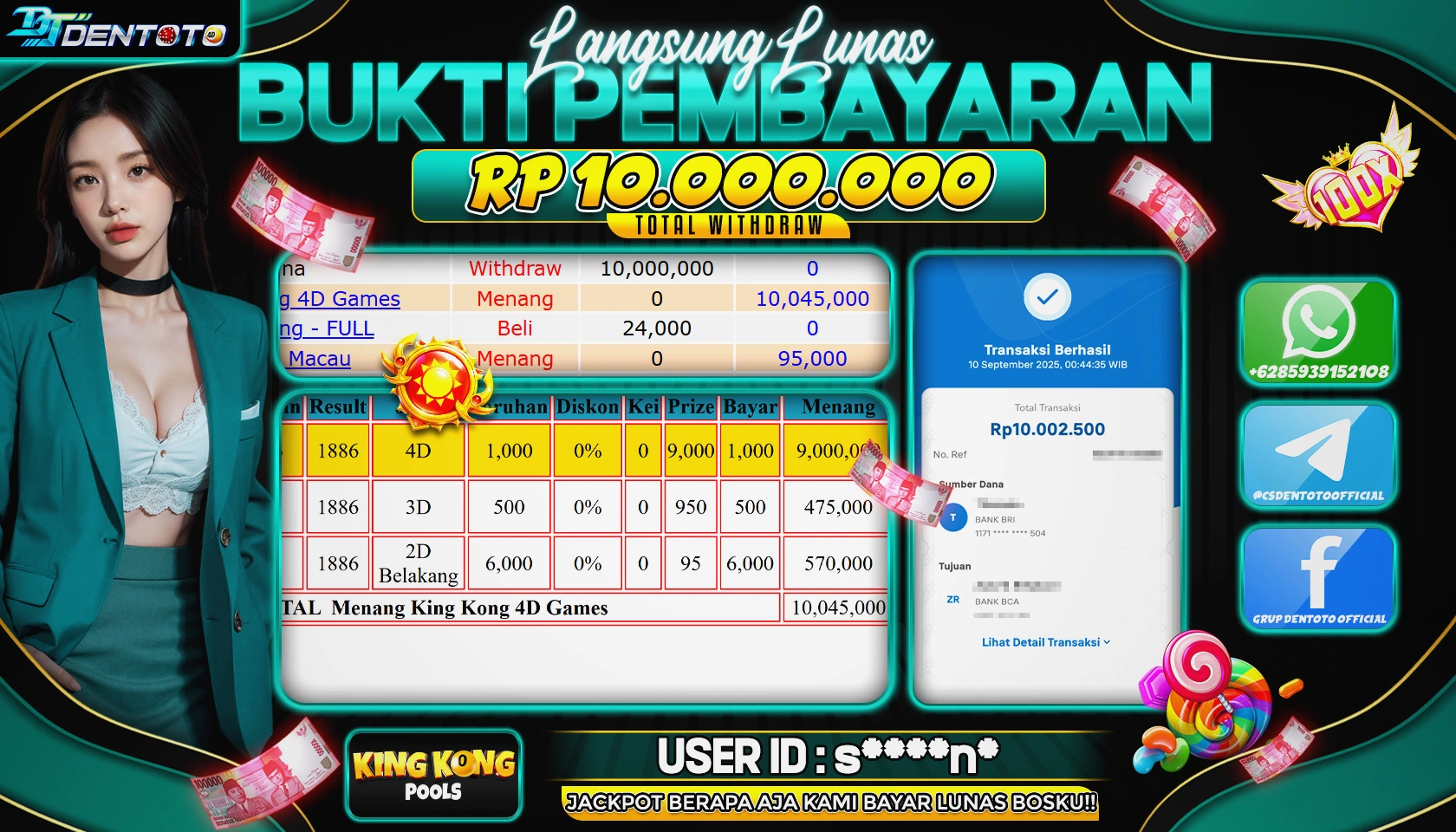 DENTOTO - LIVE GAMES - KINGKONG POOLS - RP 10.000.000 - LUNAS