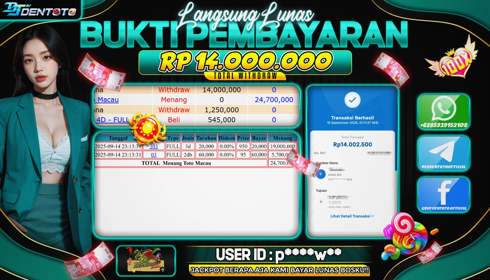 DENTOTO - LIVE GAMES  - TOTOMACAU POOLS- RP 14.000.000 - LUNAS