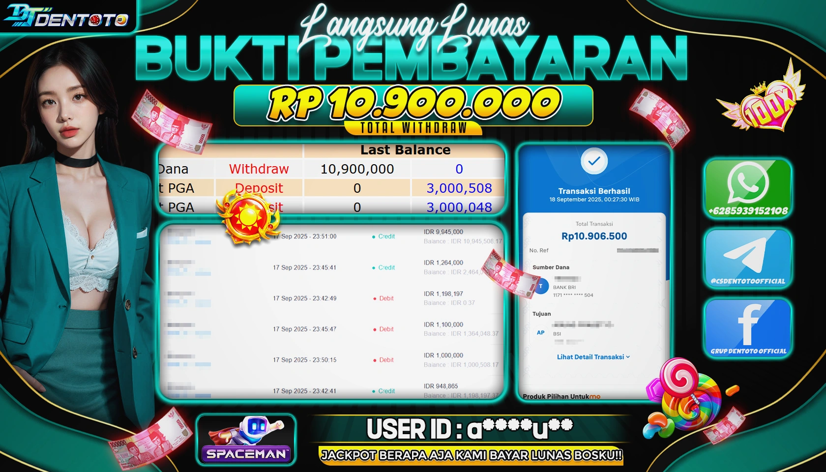 DENTOTO - PRAGMATIC CASINO- SPACEMAN- RP 10.900.000 - LUNAS