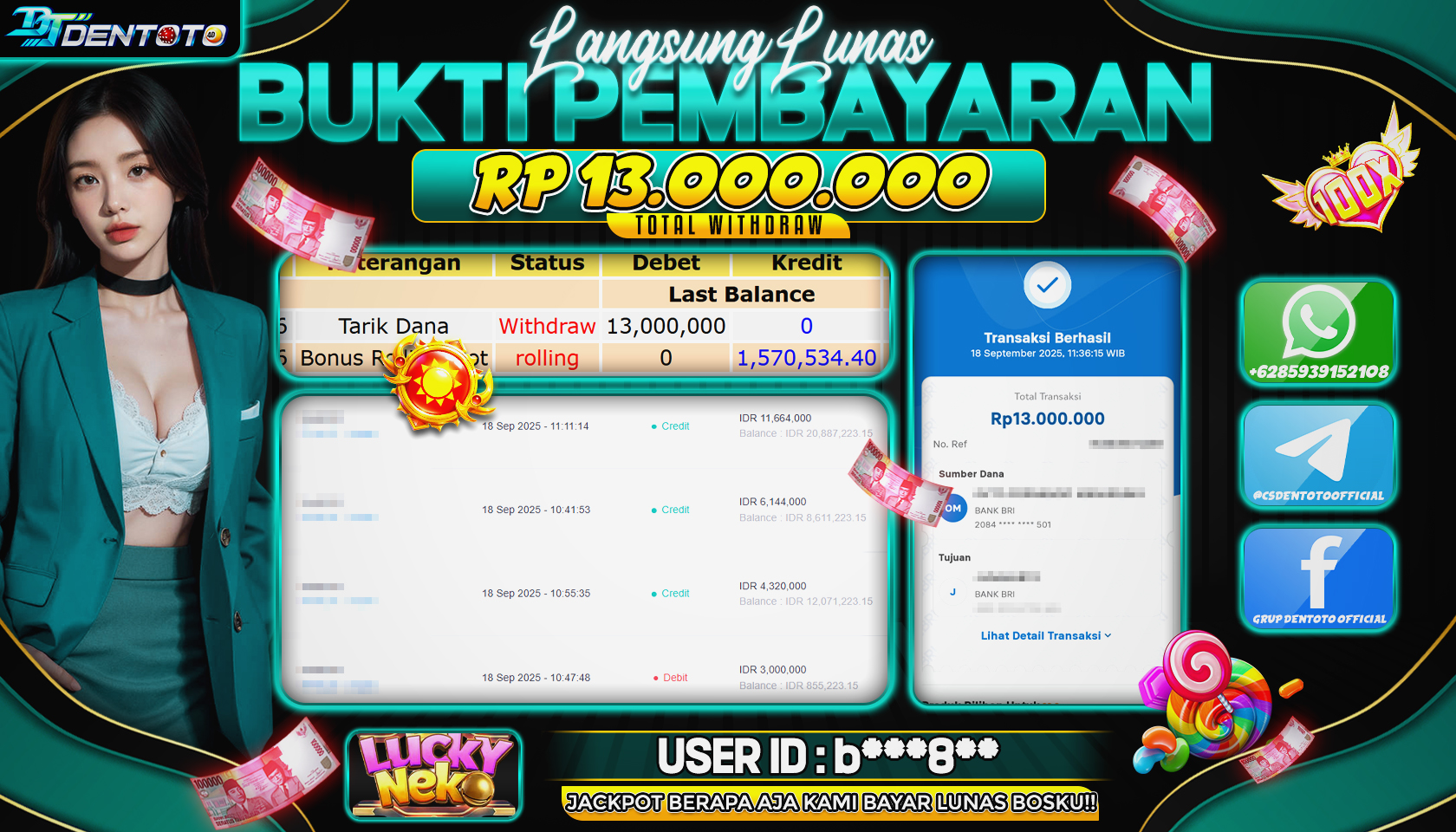 DENTOTO - PG SOFT - LUCKY NEKO - RP 13.000.000 - LUNAS