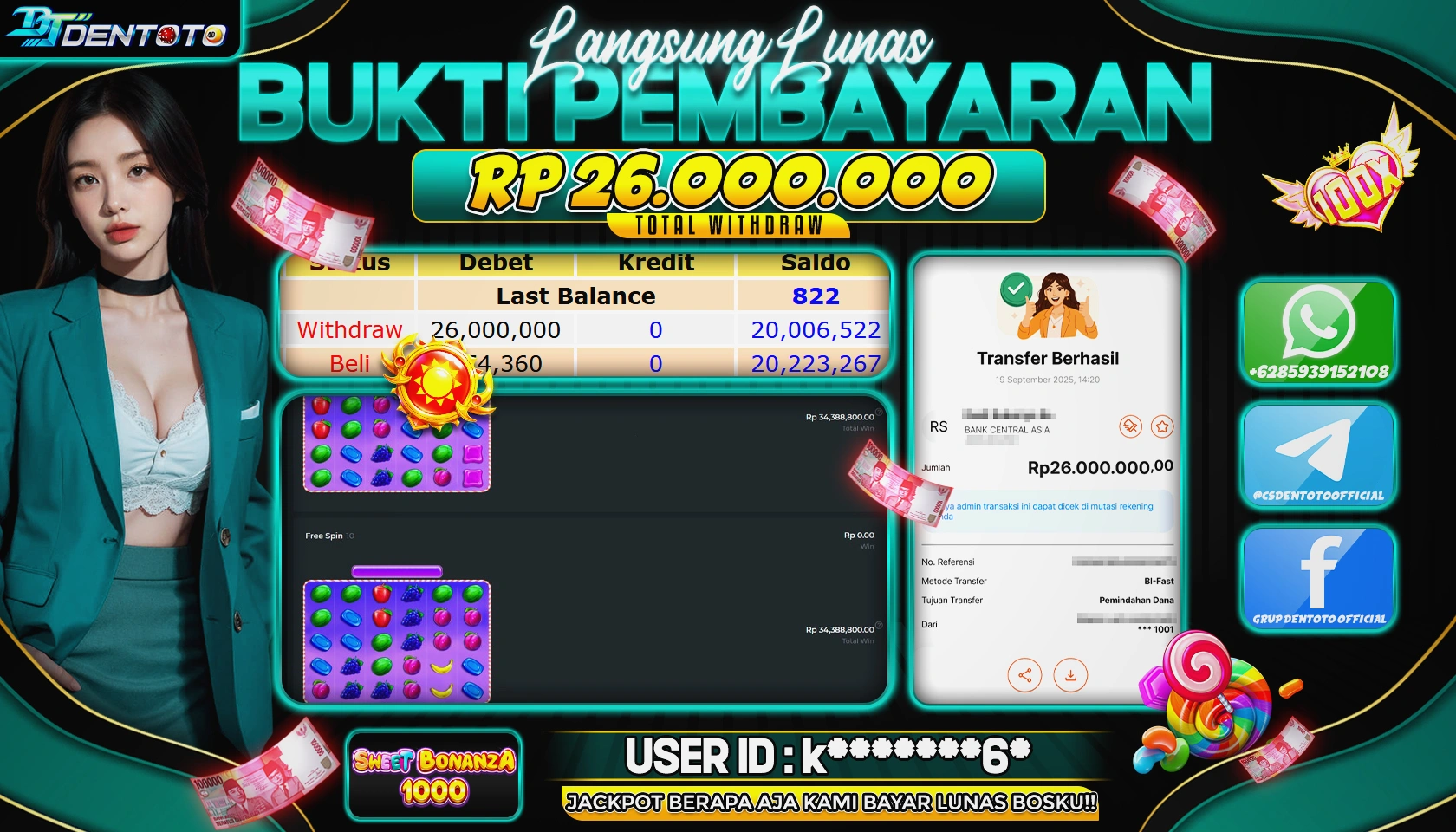 DENTOTO - PRAGMATIC PLAY - SWEET BONANZA 1000 - RP 26.000.000 - LUNAS