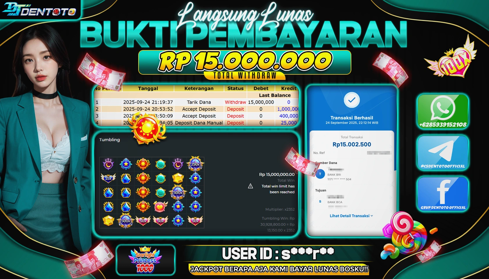 DENTOTO - PRAGMATIC PLAY - STARLIGHT PRINCES 1000 - RP 15.000.000 - LUNAS