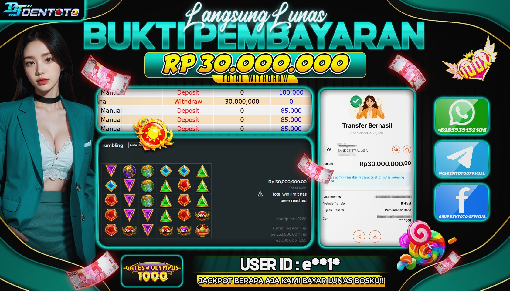 DENTOTO - PRAGMATIC PLAY - GATES OF OLYMPUS 1000 - RP 30.000.000 - LUNAS