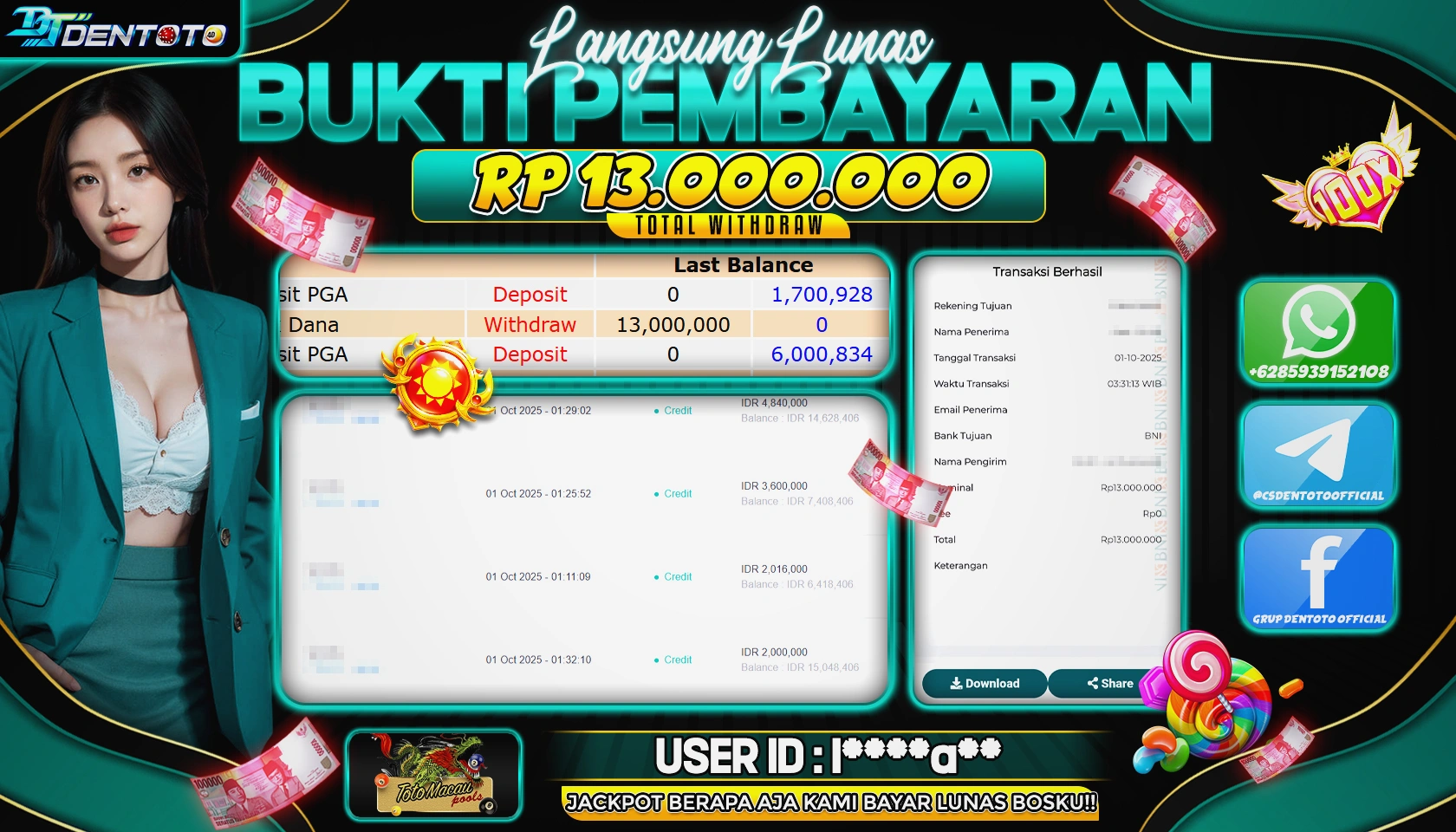 DENTOTO - LIVE GAMES -TOTO MACAU- RP 13.000.000 - LUNAS