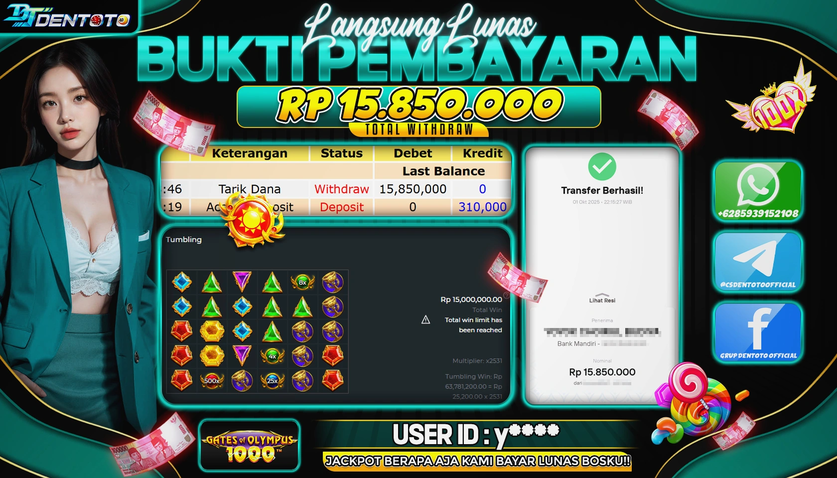 DENTOTO - PRAGMATIC PLAY - GATES OF OLYMPUS 1000 - RP 15.580.000 - LUNAS