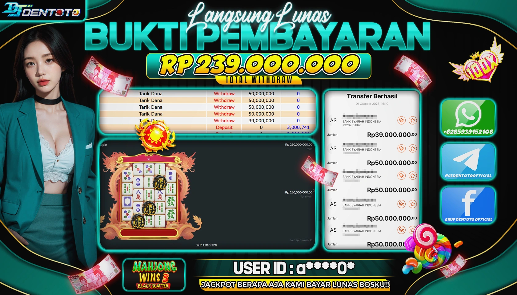 DENTOTO - PRAGMATIC PLAY - MAHJONG WINS3 BLACK SCATTER  - RP 239.000.000 - LUNAS