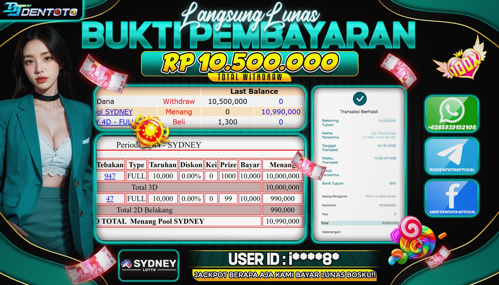 DENTOTO - TOGEL LOTTO - SYDNEY LOTTO - RP 10.500.000 - LUNAS