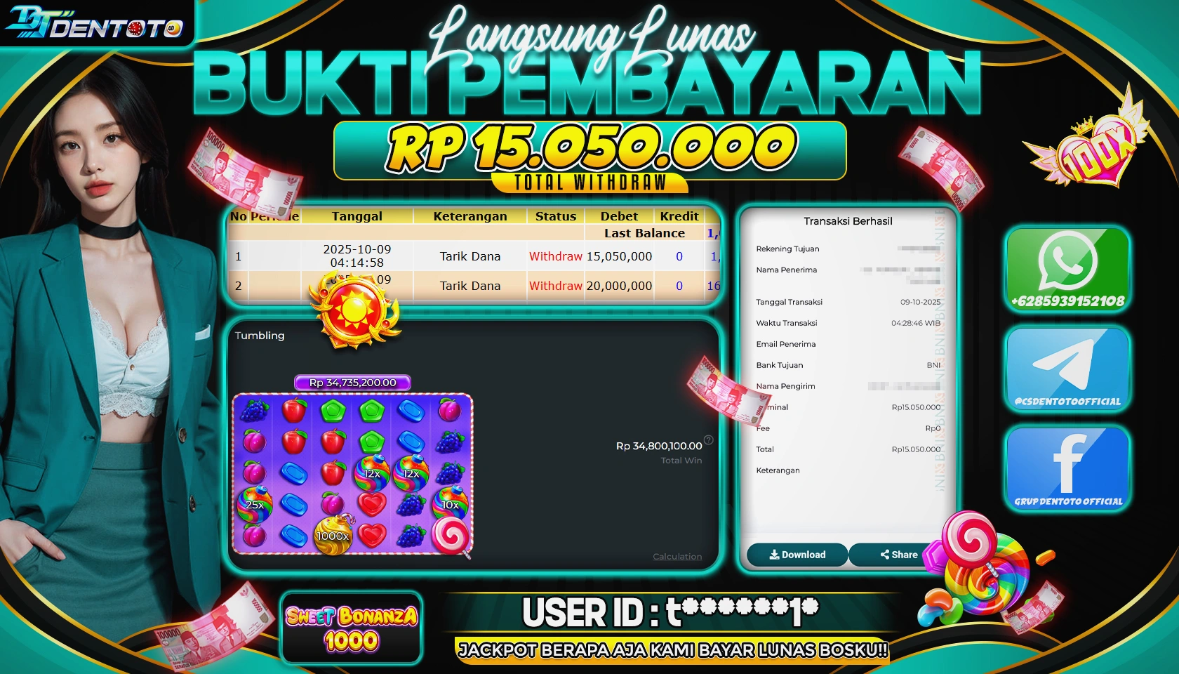 DENTOTO - PRAGMATIC PLAY - SWEET BONANZA 1000 - RP 15.050.000 - LUNAS