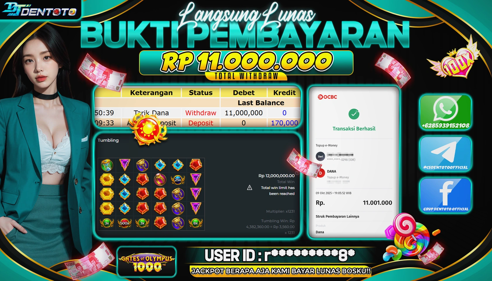 DENTOTO - PRAGMATIC PLAY - GATES OF OLYMPUS -  1000 - RP 12.000.000 - LUNAS