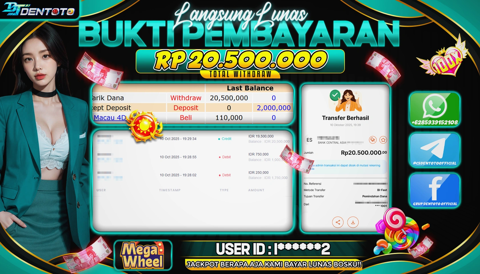 DENTOTO - PRAGMATIC PLAY - MEGA WHEEL -  1000 - RP 20.500.000 - LUNAS