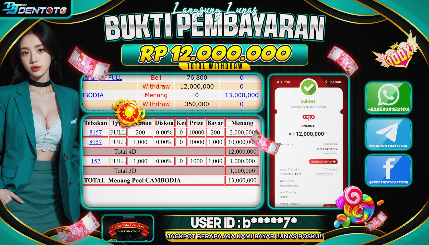 DENTOTO - TOGEL POOLS - CAMBODIAN POOLS - RP 12.000.000 - LUNAS