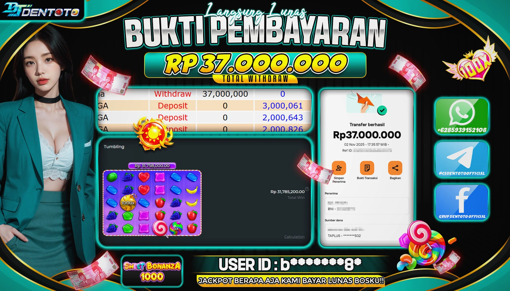DENTOTO - PRAGMATIC PLAY - SWEET BONANZA 1000 - RP 37.000.000 - LUNAS