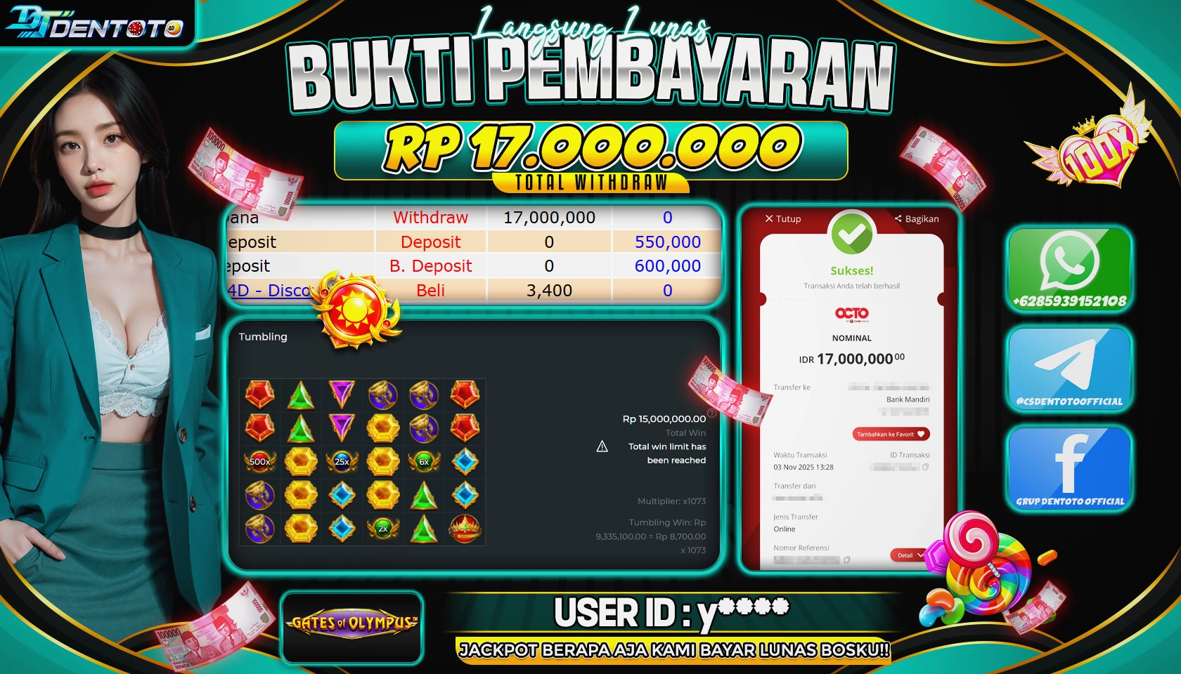 DENTOTO - PRAGMATIC PLAY - GATES OF OLYMPUS - RP 17.000.000 - LUNAS