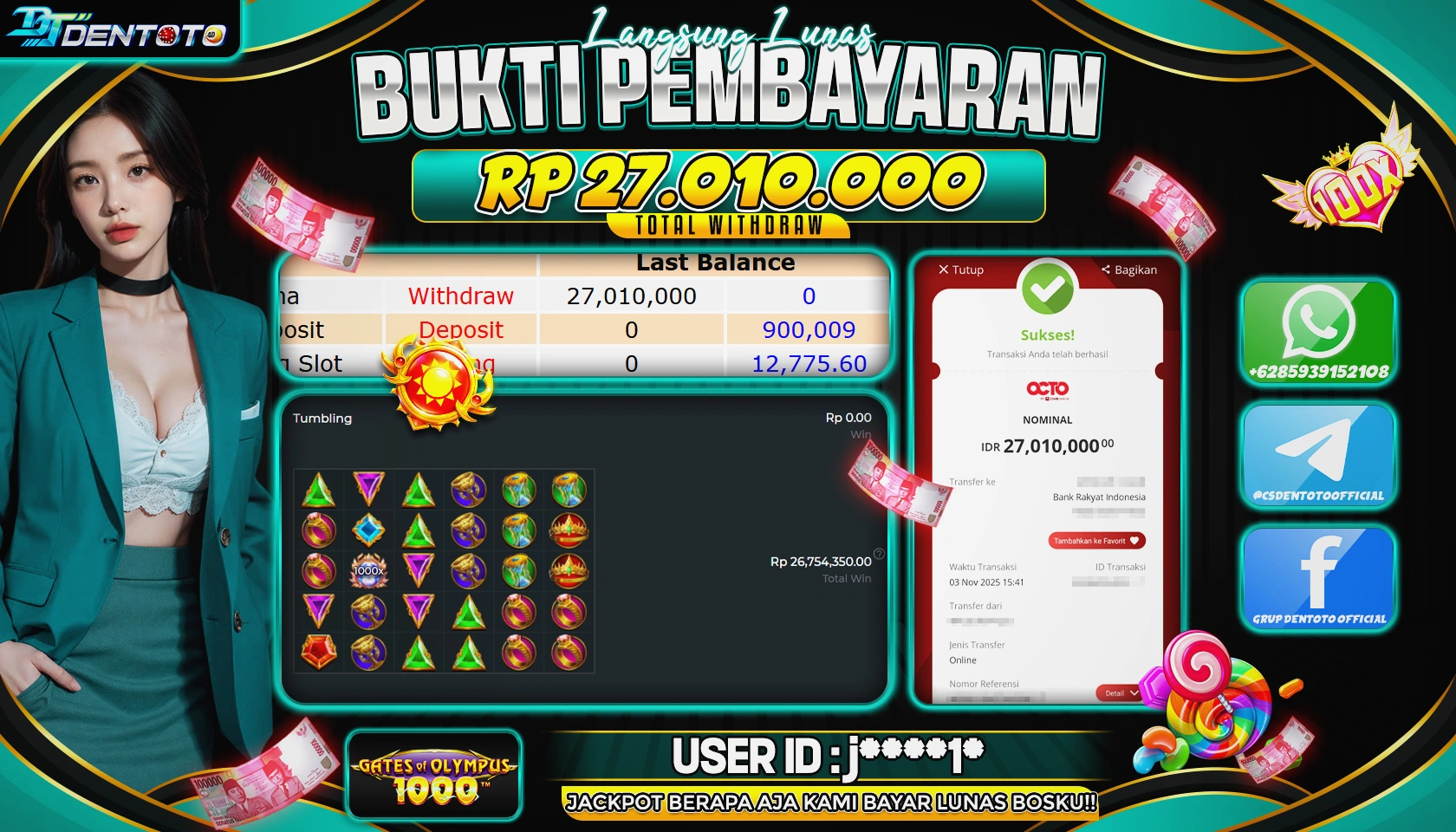 DENTOTO - PRAGMATIC PLAY - GATES OF OLYMPUS 1000  - RP 27.010.000 - LUNAS