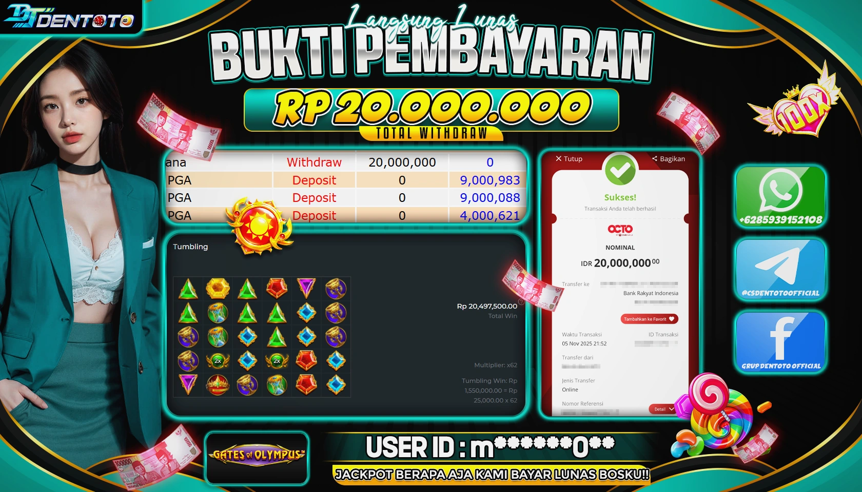 DENTOTO - PRAGMATIC PLAY - GATES OF OLYMPUS  - RP 20.000.000 - LUNAS