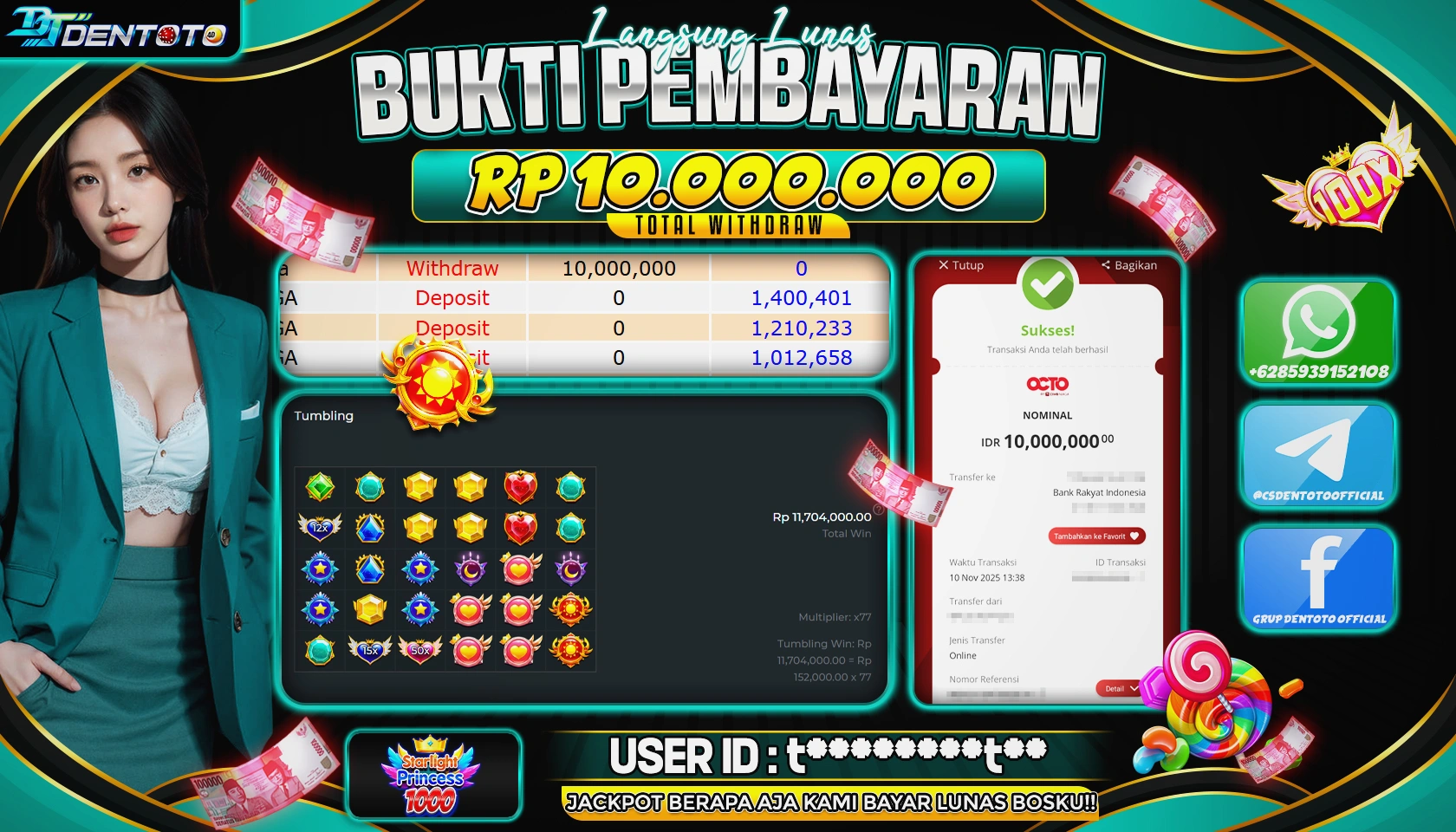 DENTOTO - PRAGMATIC PLAY - STARLIGHT PRINCESS 1000  - RP 10.000.000 - LUNAS