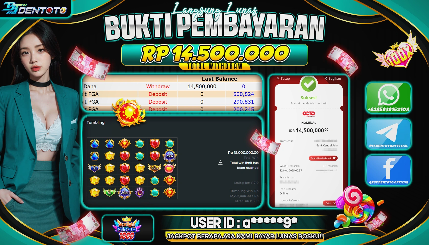 DENTOTO - PRAGMATIC PLAY - STARLIGHT PRINCESS 1000  - RP 14.500.000 - LUNAS