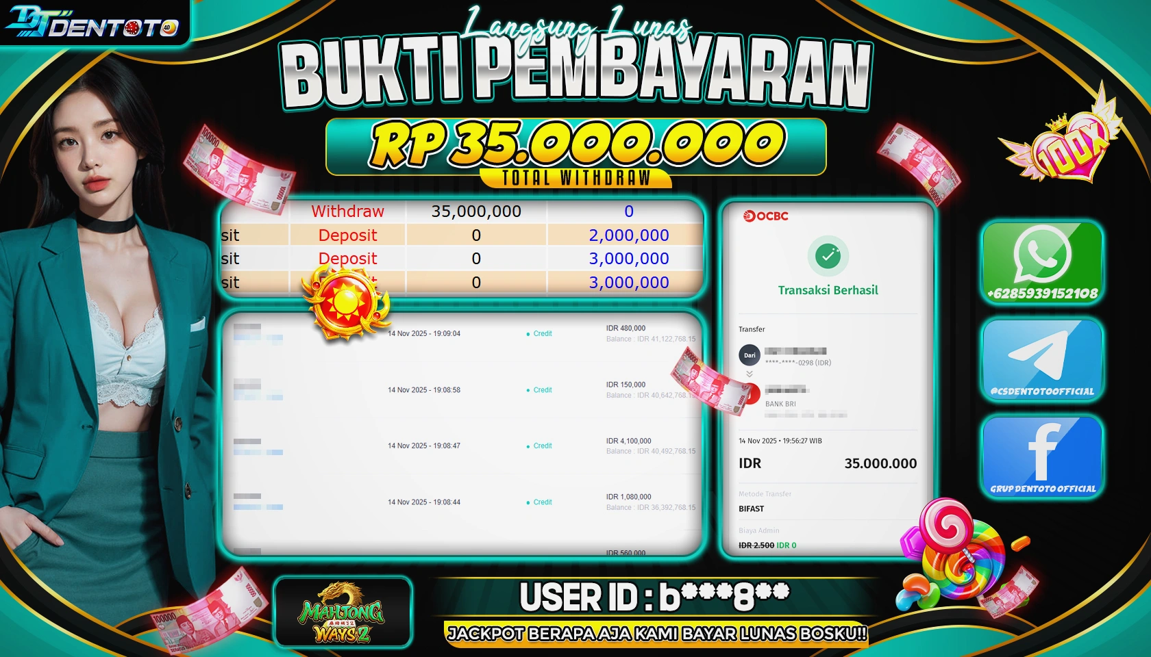 DENTOTO - PG SOFT  - MAHJONG WAYS 2 - RP 35.000.000 - LUNAS