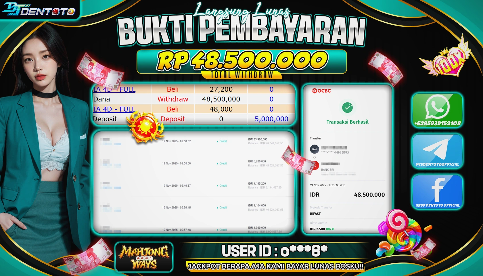 DENTOTO - PG SOFT  - MAHJONG WAYS  - RP 48.500.000 - LUNAS