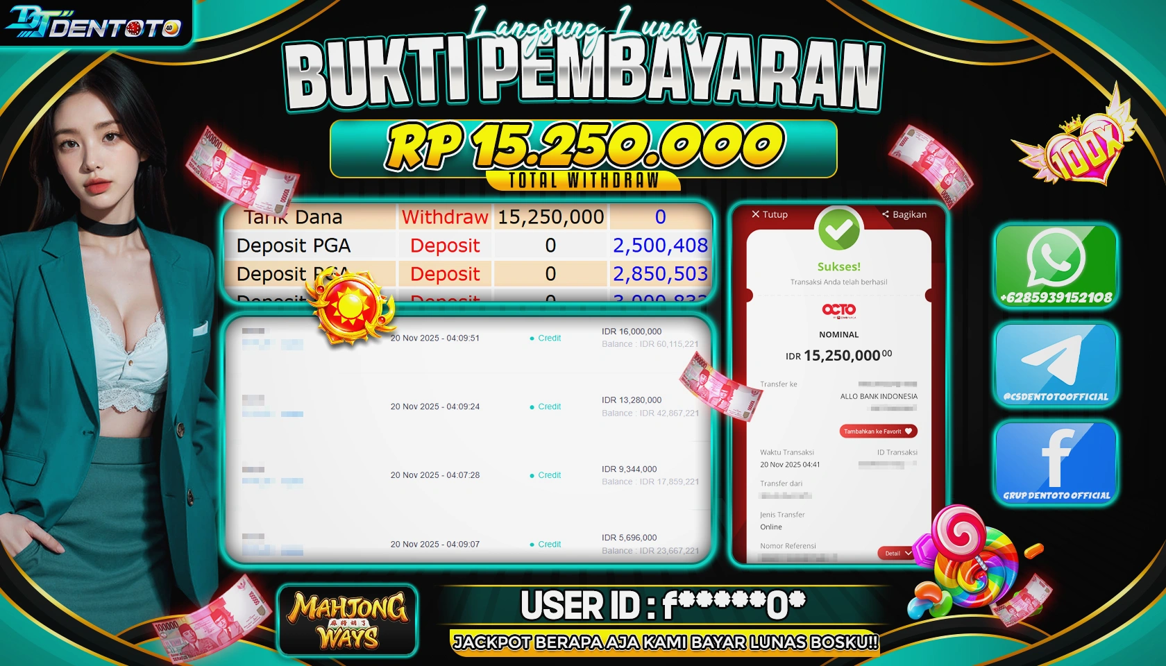 DENTOTO - PG SOFT  - MAHJONG WAYS - RP 15.250.000 - LUNAS