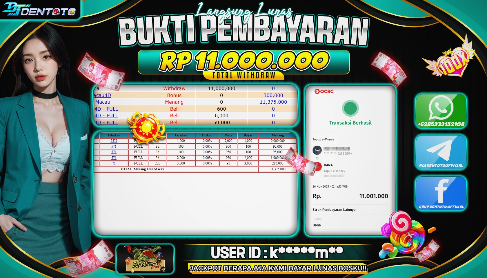 DENTOTO - LIVE GAMES - TOTOMACAU POOLS  - RP 11.001.000 - LUNAS